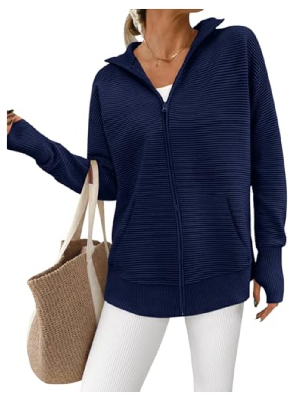 Womens Loose Fit Zip Up Ribbed Knit Cardigan Sweater with Thumb Hole